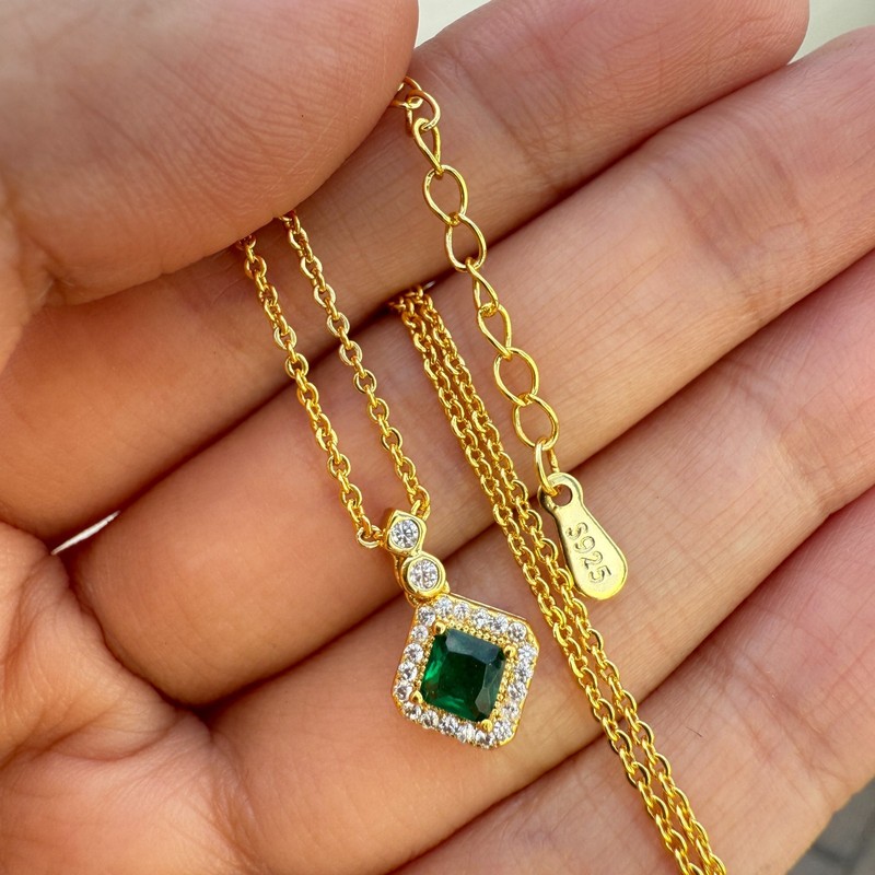 925 Sterling Silver Necklace 4mm Natural Emerald Gemstone Zircon Green Cube Gift