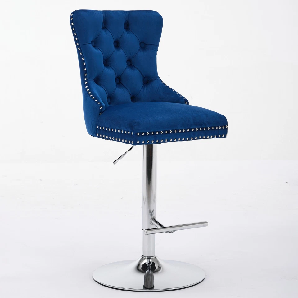 Set/2 Luxury Swivel Kitchen Barstools 25-33" Adjustable Thick Chrome Velvet Blue - Image 4 of 4