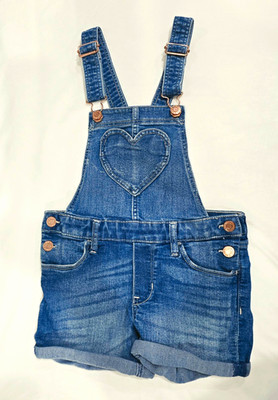&DENIM Girls Blue Denim Overall Romper Shortalls Heart Bib 7-8Y Pockets