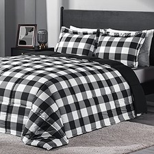 Lightweight Plaid Comforter Set  with 2 Pillow Shams Queen Plaid Black/White