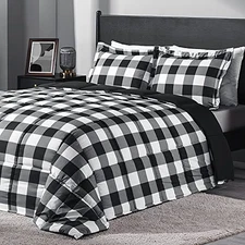  Lightweight Plaid Comforter Set () with 2 Pillow Shams Queen Plaid Black/White