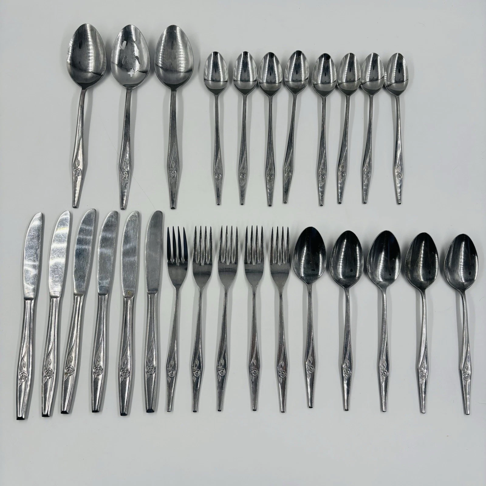 Vtg Lot of 27 Japan Stainless Steel Flatware Rose Pattern Serving Spoon Fork