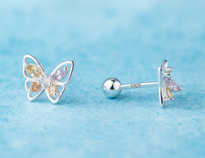 Rainbow Butterfly Stud Earrings Colorful Flat Backs Screw S925 Girls Teens Women