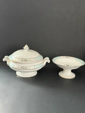 VTG Covered Dish & Pedestal Trinket Dish Set White & Pastel Blue Japan (?)