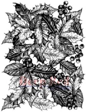Deep Red Rubber Cling Stamp Holly Background Leave and Berries