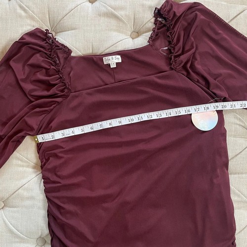 Jolie Joy 2X Maroon Shirt Lightweight Ruched Sides Long Sleeve Sheer - 第 6/7 張圖片