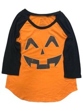 Womens 3/4 Sleeve Distressed Orange Pumpkin Face Halloween T-Shirt Tee
