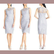 NWT Adrianna Papell 2 Embroidered Sequin Sheath Dress in Silver Q221