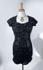 Black Sequin Lace Dress Formal Party Glam Evening Open Back 90s Goth Ethereal M