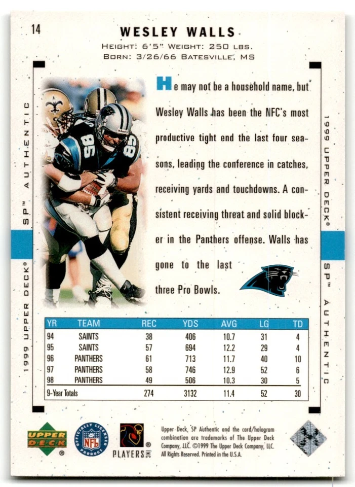 1999 SP Authentic Wesley Walls Carolina Panthers #14 - Image 2 of 2