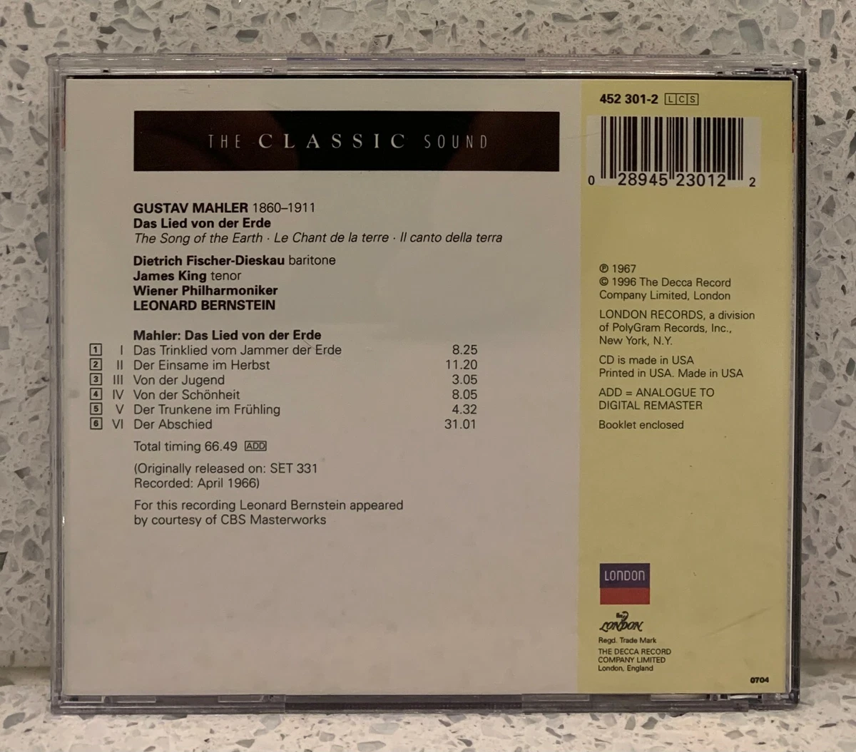 MAHLER Das Lied von der Erde (CD, London) BERNSTEIN James KING FISCHER-DIESKAU