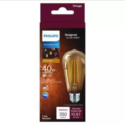 Philips LED 40w Equivalent ST19 Dimmable Vintage Amber Glass Edison Bulb  