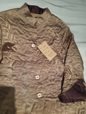 Mei-Do Gold/Brown Quilted Jacket & Brown Satin Long Trousers Lounge Set 
