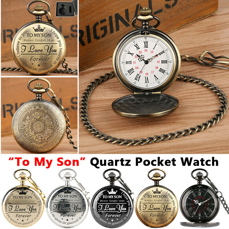 To My Son Quartz Pocket Watch Round Vintage Watch Necklace Chain with Gift Box