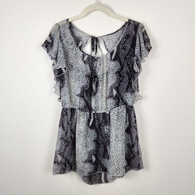 Womens Animal Print Short Flutter Sleeve Blouse Tie Back Sheer Size L Scoop Neck