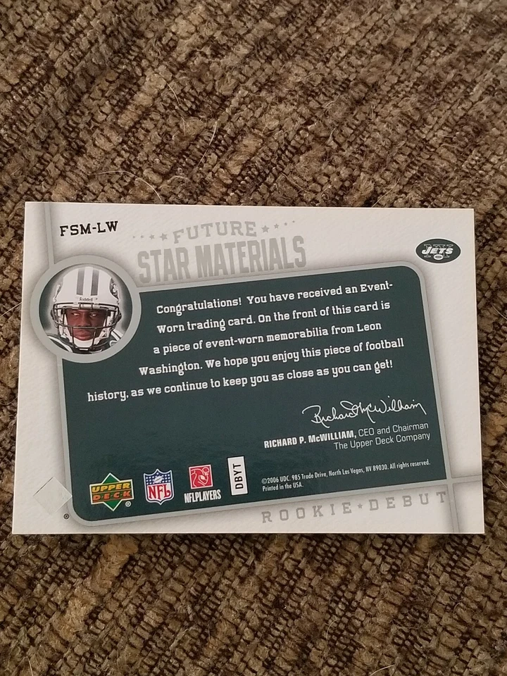 2006 Upper Deck Future Star Materials Leon Washington FSM-LW New York Jets  - Image 2 of 2