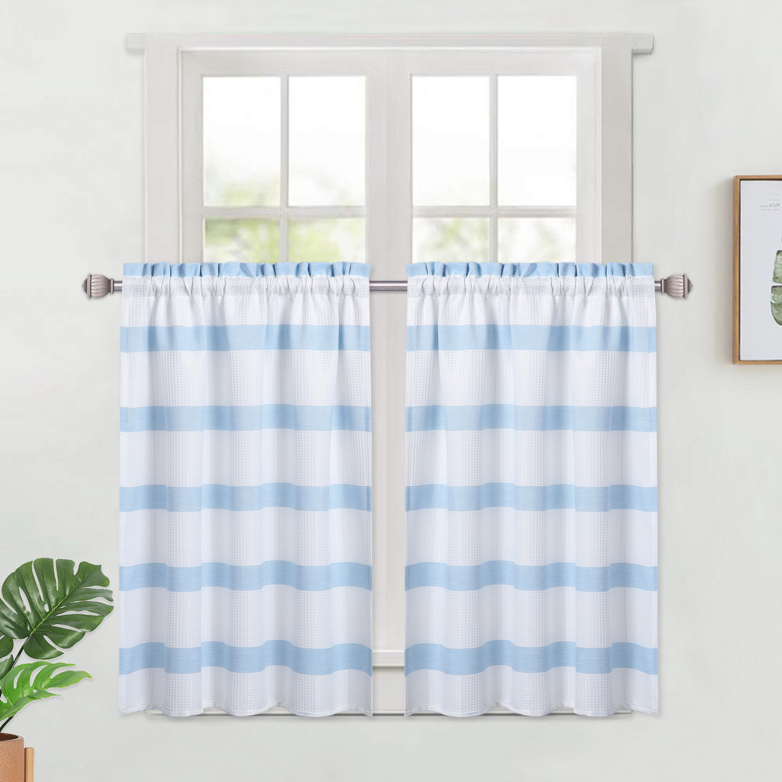 Waffle Weave Cafe Curtains Yarn Dyed Striped Rod Pocket Bathroom Window