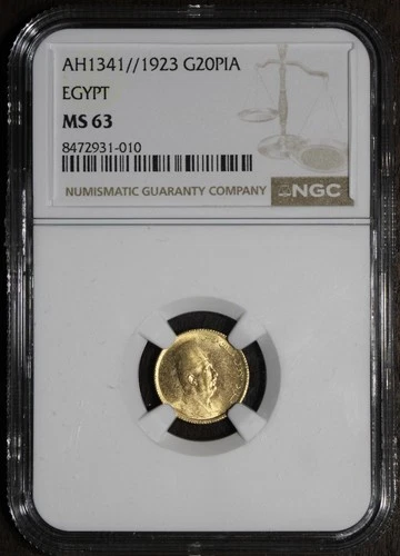 1923 (MS63) Egypt King Fuad Gold 20 Piastres NGC - Lovely