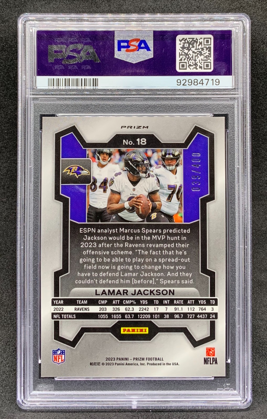 2023 Panini Prizm LAMAR JACKSON Ravens Pandora SP /400 #18 Gem Mint PSA 10 view 2