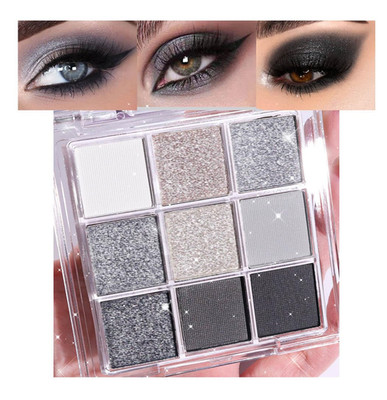 evpct 9 Colors Silver Gray Glitter Eyeshadow Palette, Black Smokey Grey and Silv