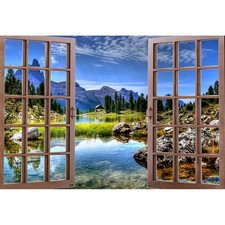 5x3ft Nature Landscape Backdrop Window View Clear Lake Forest Mountain Sky