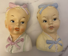 Vintage Twins Head Vases Ceramic Wall Pocket Planters 1950's Girl Boy