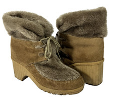 Vintage 80s Rockabilly Womens 7 Platform Boots Faux Fur Platform Wedge Booties