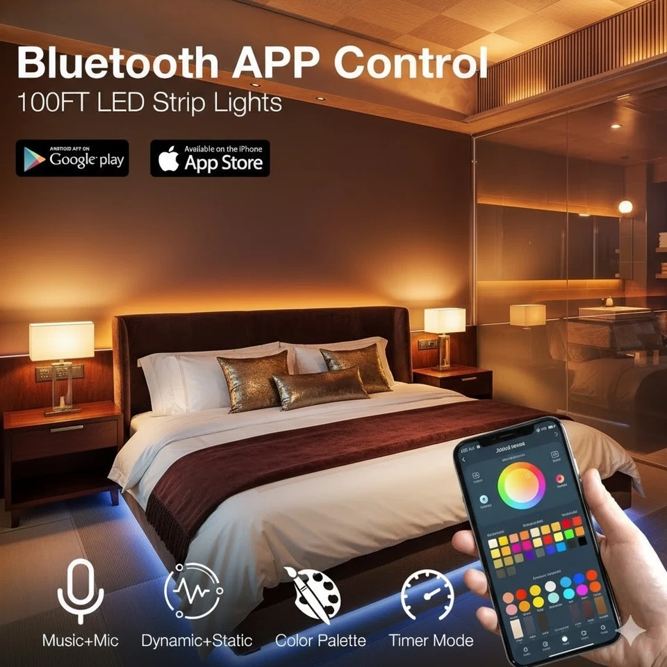 Tira de luces LED RGB de 100 pies - aplicación inteligente y control remoto Foto 2 de 4