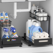 2 Pack Under Sink Organizer Metal Pull Out Cabinet Shelf Adjustable Black