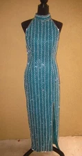 B2 & US Mark&John w/tag teal silk beaded halter fitted slit lined evening gown S