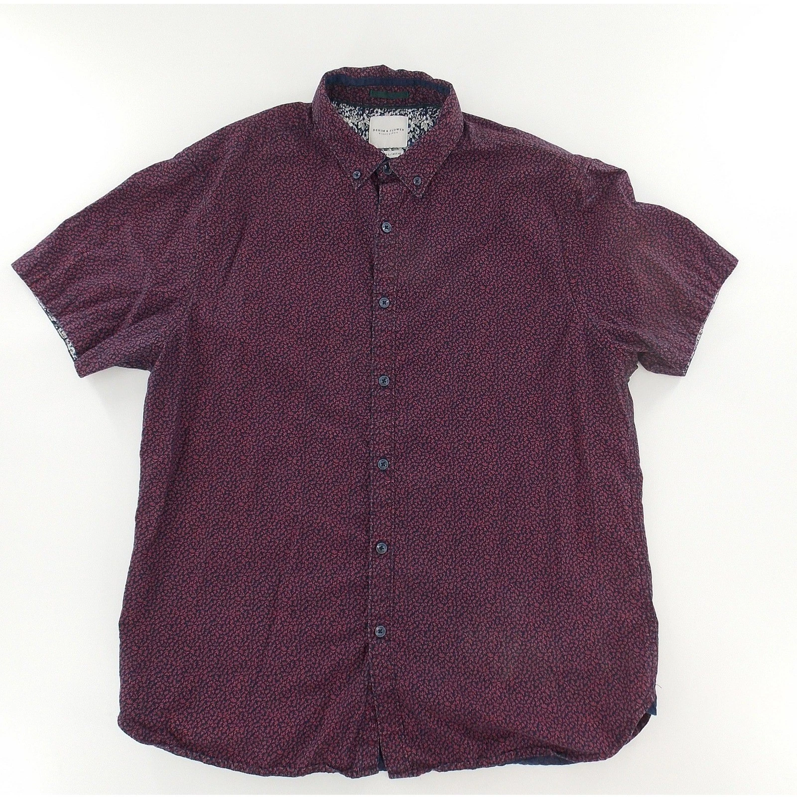 Denim & Flower Shirt Slim Fit Micro Floral Button Down Mens Large Burgundy Red