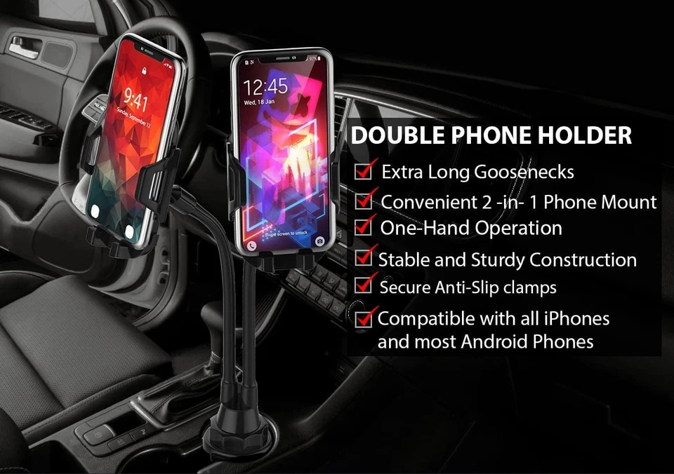 360° Rotatable Car Phone Mount for Cup Holders - Universal Dual Device Holder - Image 4 of 4