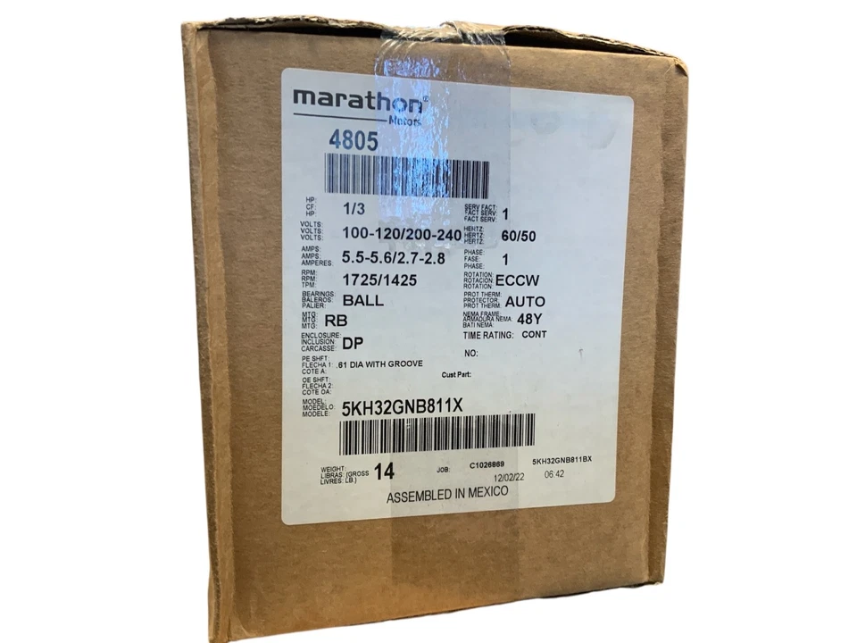 Marathon 4805 Electric Motor 1/3 HP 1725 Rpm 100-120/200-240 V 48Y 5KH32GNB811X - Image 4 of 4