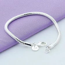 925 Sterling Silver Snake Chain Bracelet 3mm Women DIY Charm Jewelry Gift