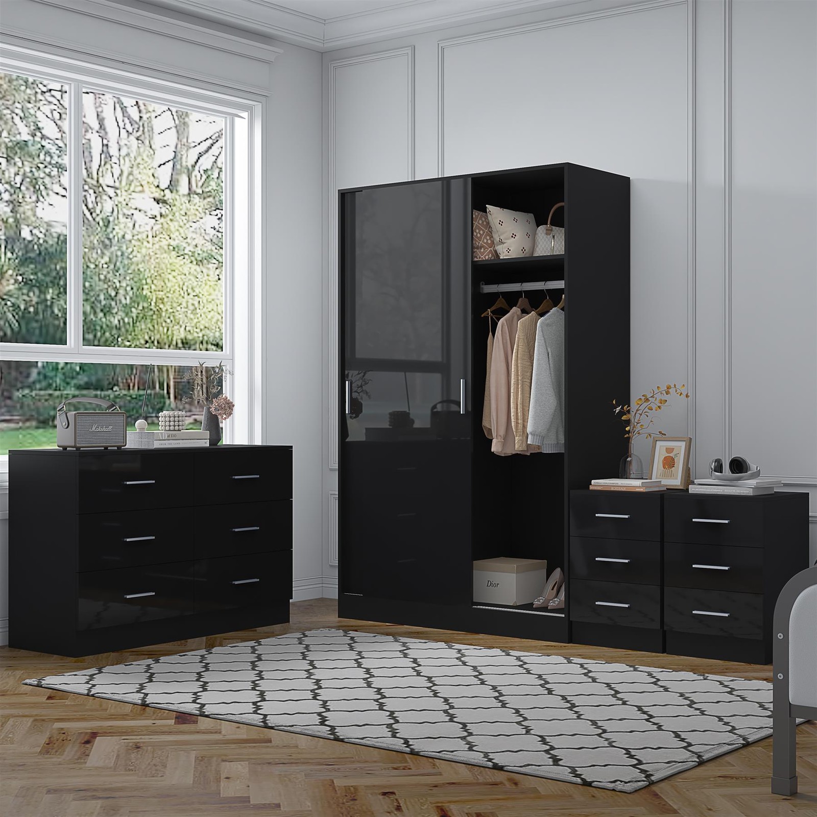 REFLECT Furniture - Sliding Wardrobe + Chest + 2 Bedsides - Black/Black