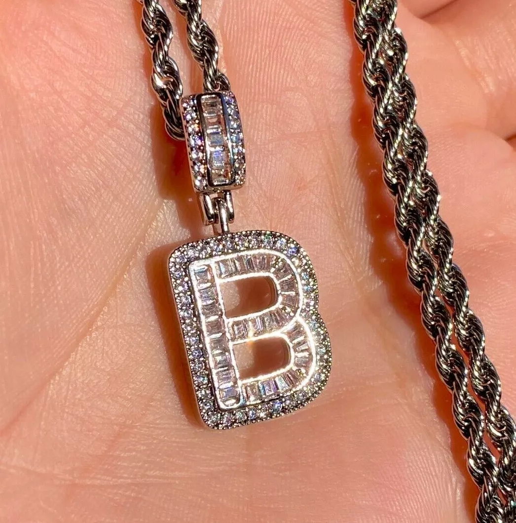 Initial Letter B Pendant Necklace Men s Women s Icy Silver icy Charm Rope Chain