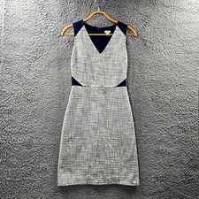 J Crew Womens Pencil Dress Size 00 Ivory Navy Blue Tweed Textured Sleeveless