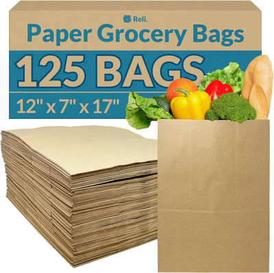 Paper Grocery Bags (125 Pcs Bulk) (12X7X17) 70 Lbs Basis, Extra Heavy Duty | Bro