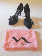 NINA WOMENS SHOES BLACK SATIN PEEP TOE BOW JEWEL PUMP SIZE 6