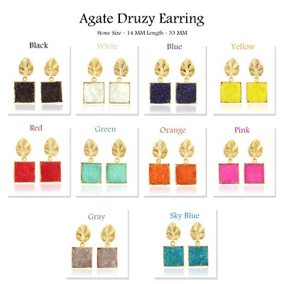 Druzy Crystal Earrings Natural Agate Druzy Gold Plated Stud Dangle Leaf Earrings