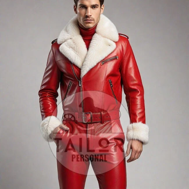 MEN GENUINE SOFT LEATHER FUR COLLAR CATSUIT RED FRONT ZIPPER OVERALL JUMPSUIT