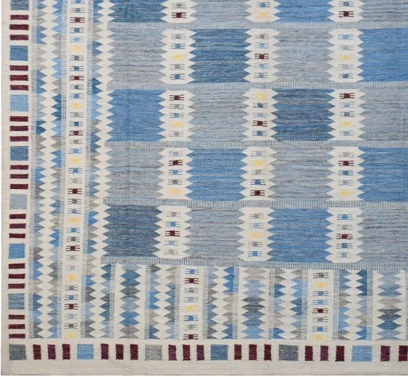 Alfombra Kilim sueca escandinava tejido plano azul para sala de estar alfombra dormitorio Foto 3 de 4