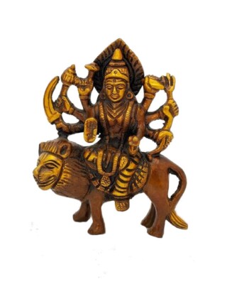Goddess Durga on Lion BW181 Painted Brass Figurine 4.25'' H