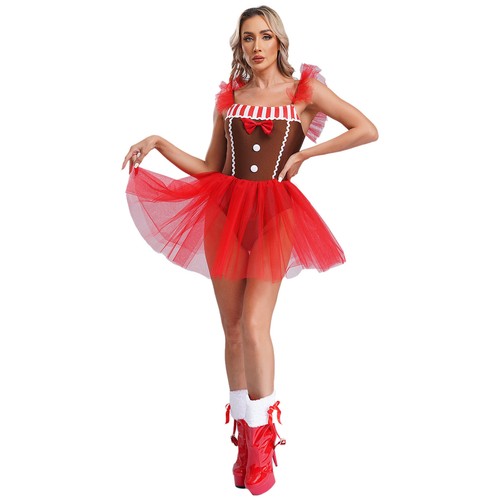 Sexy Women Gingerbread Cosplay Sleeveless Dress Christmas Xmas Party Cosplay - Picture 11 of 27