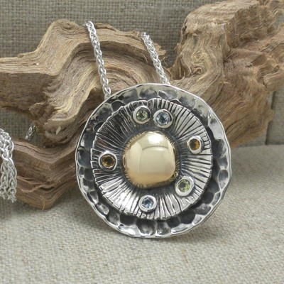 Silver & 10K Earth Elements Pendant w Citrine Peridot Blue Topaz Keith Jack Box