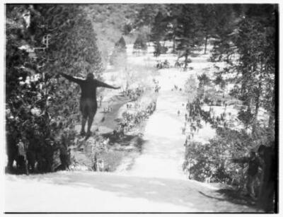 Ski jumper spreading his arms as he leaps down a mountain slope wh - Old Photo