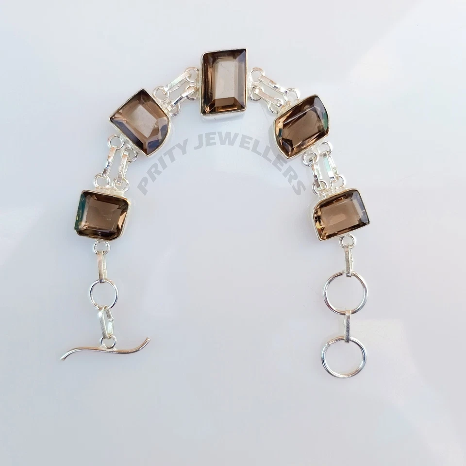 Pulsera de cuarzo ahumado de plata de ley 925 hecha a mano joyería ajustable todos los tamaños Foto 3 de 4