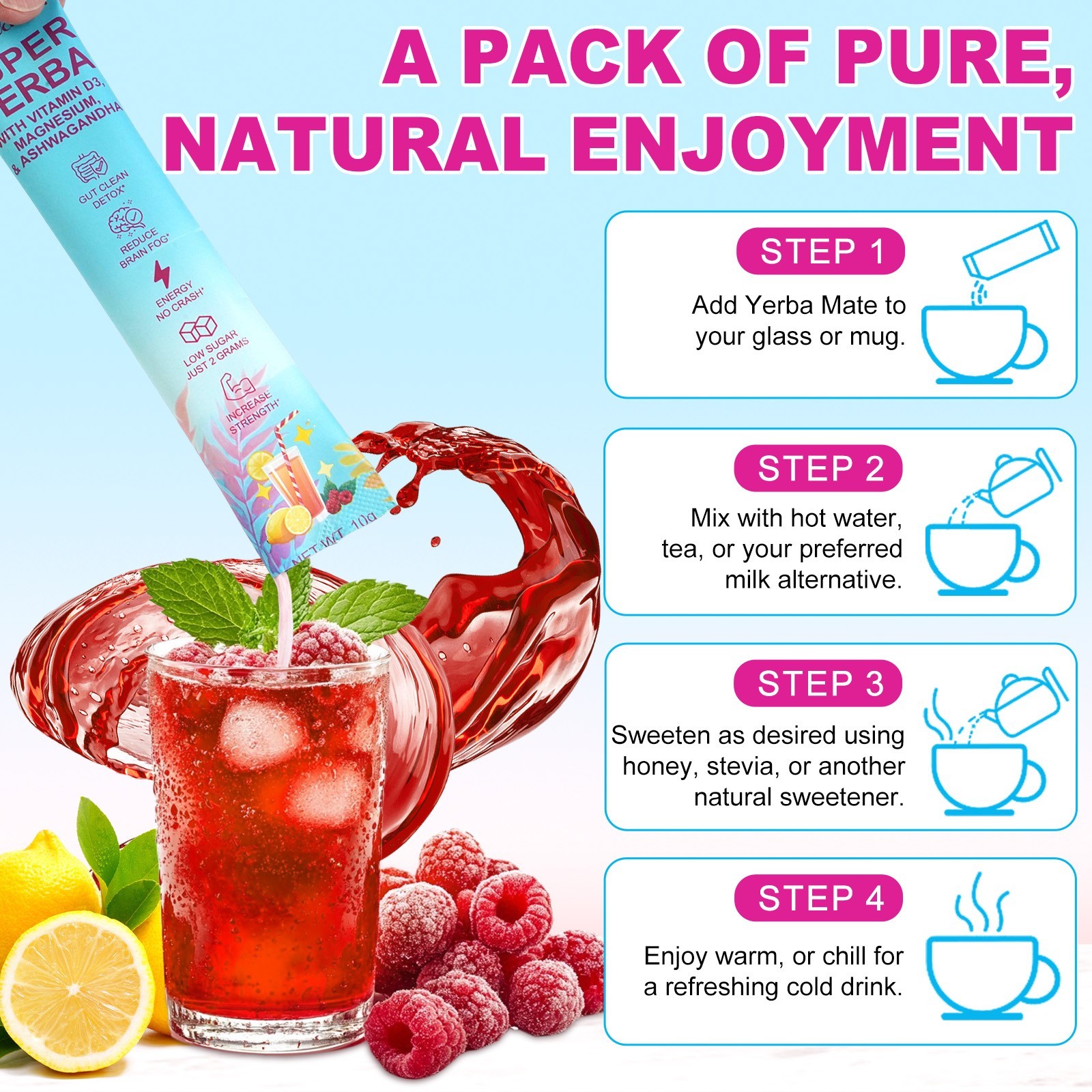 Super Yerba Instant Powder Packets, Mate Tea with Raspberry Lemonade Flavor, 30