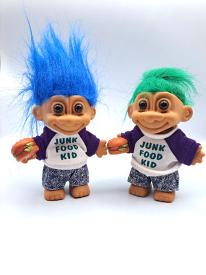 Two Russ Trolls Junk Food Kid Hamburger 5'' Green Hair Blue Hair