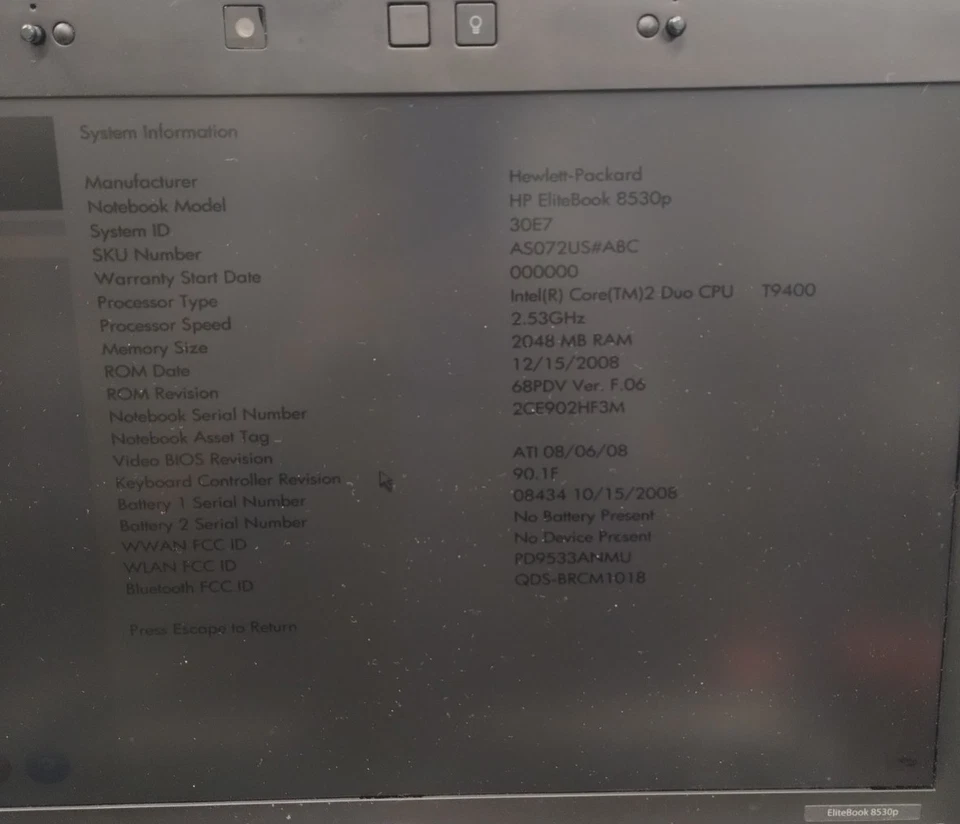 Hp EliteBook 8530p 15.4″ Laptop Core 2 Duo T9400 2GB RAM 500GB HDD Boots/Bios - Image 2 of 4